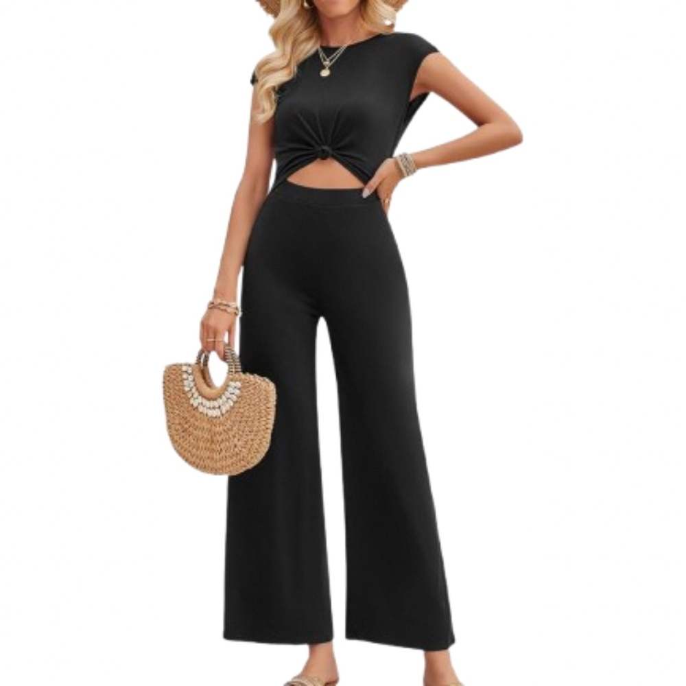 Women’s Short Sleeves Tee Cutout Backless One Piece Wide Leg Jumpsuit